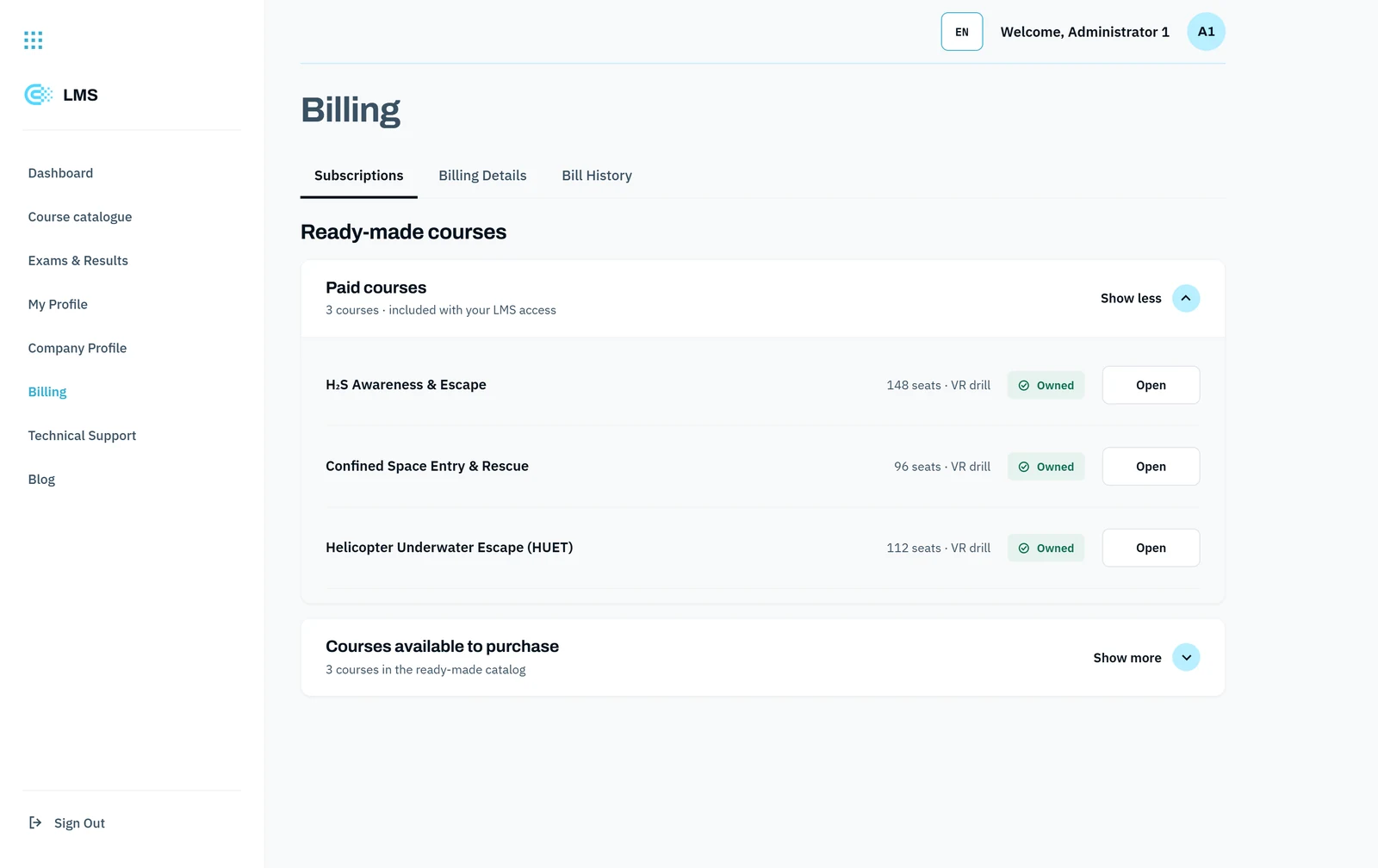 The 2021 billing screen: a Subscriptions tab listing owned ready-made VR courses with seat counts and an Owned badge, and a collapsible Courses-available-to-purchase section.