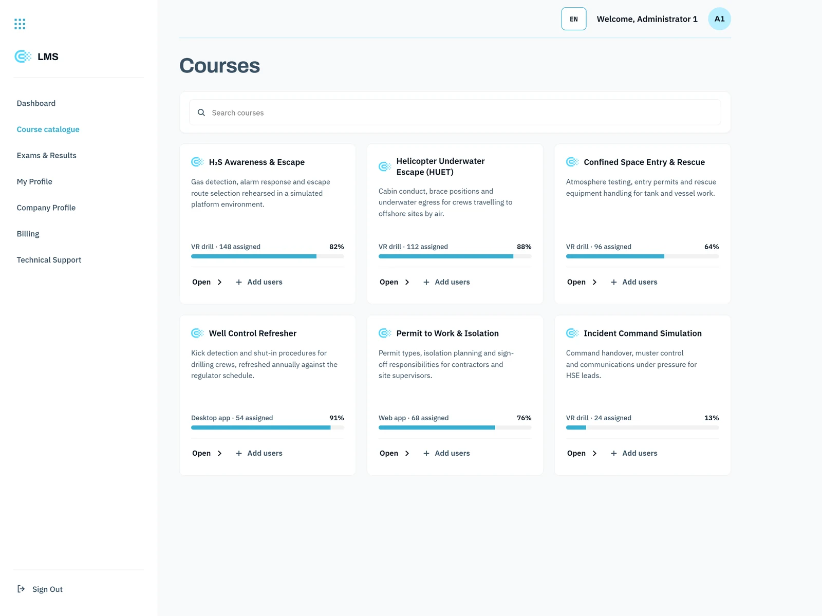 The 2021 course catalogue: cards for each safety course showing delivery mode (VR drill, desktop, web), number assigned and completion progress, with Open and Add-users actions.