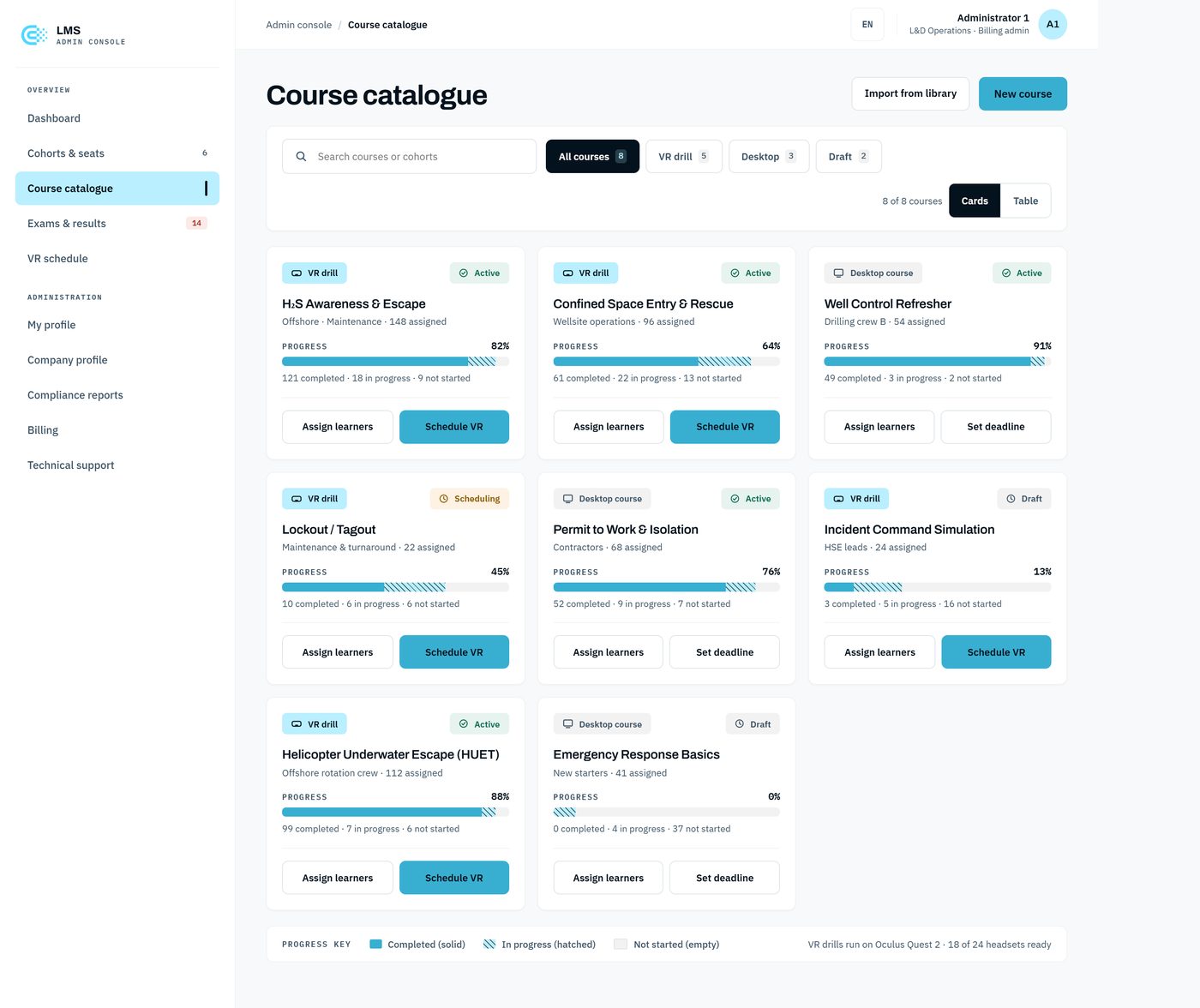 The 2026 redesigned course catalogue with card and table views, progress states and scheduling actions