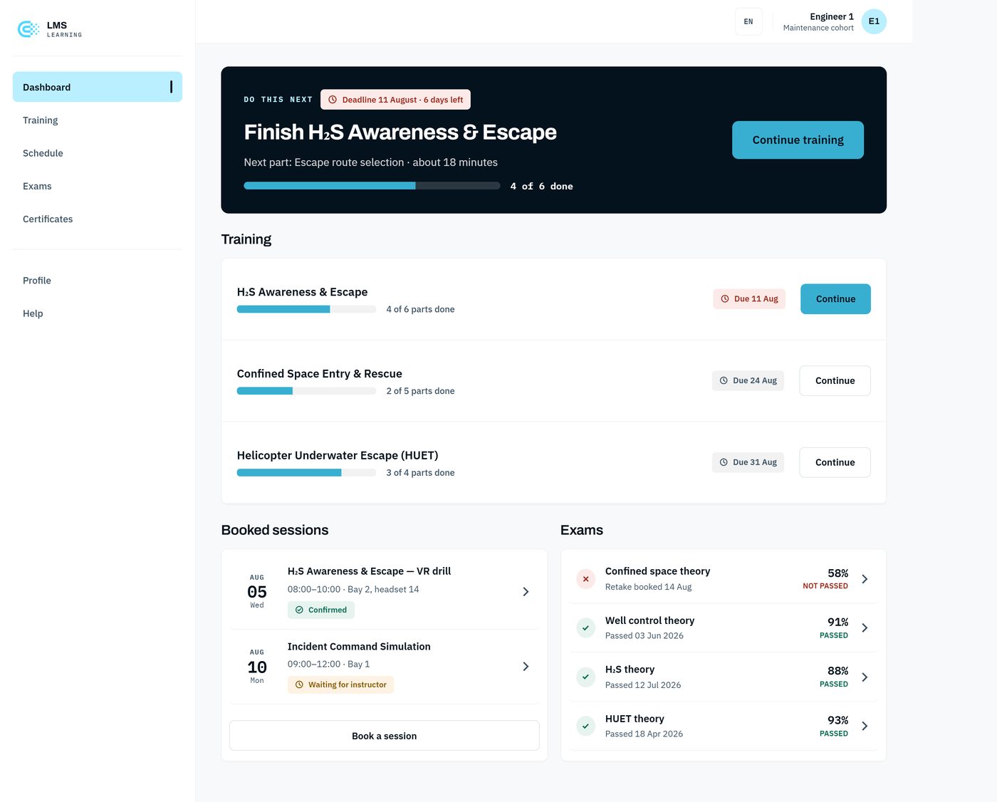 The 2026 learner dashboard leading with a do-this-next card, a deadline and a continue button